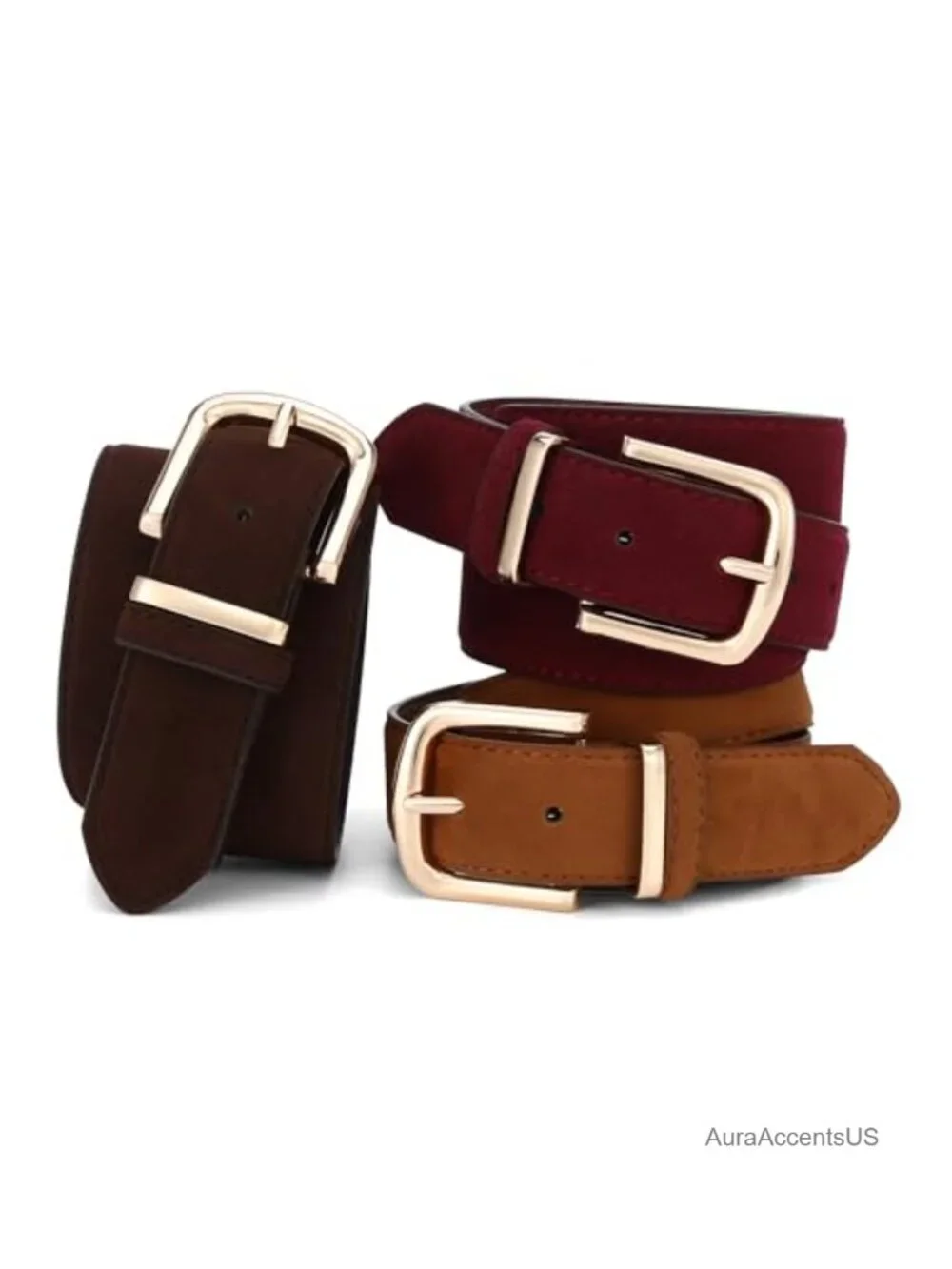 Women Suede Faux Leather Chunky Waist Belt with Gold Buckle
